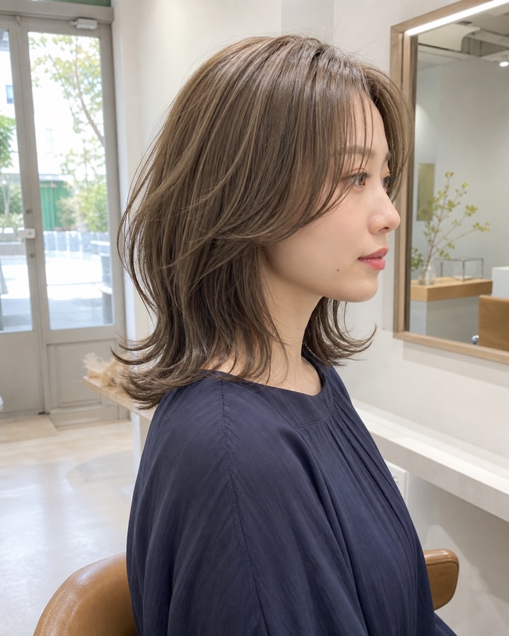 アッシュベージュのミディアムヘアの日本人女性のヘアスタイルイメージ