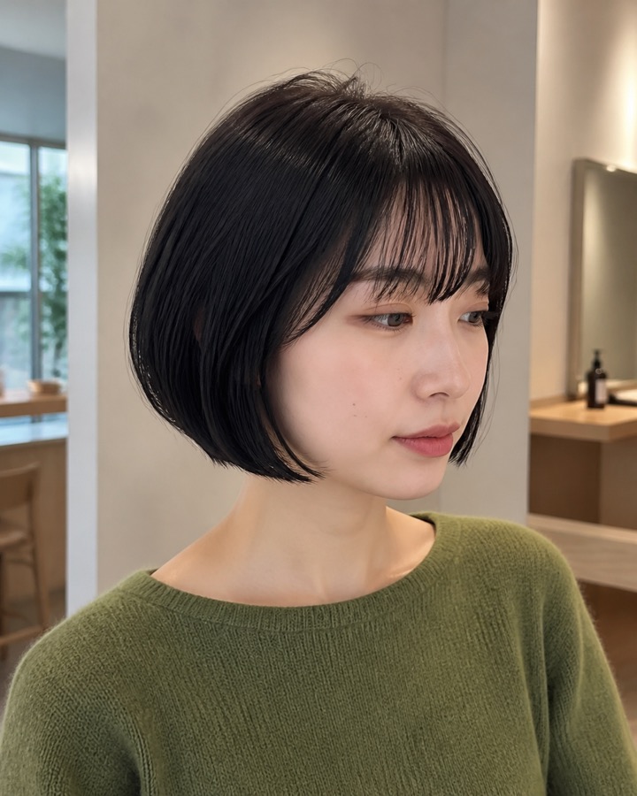 前髪のあるフレンチボブの日本人女性のヘアスタイルイメージ